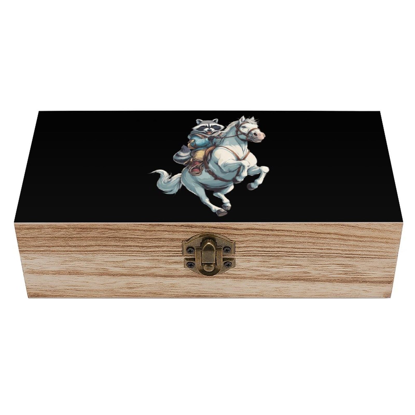 HLBSDM Raccoon Riding Horse Wooden Box with Hinged Lid Decorative Storage Case Container