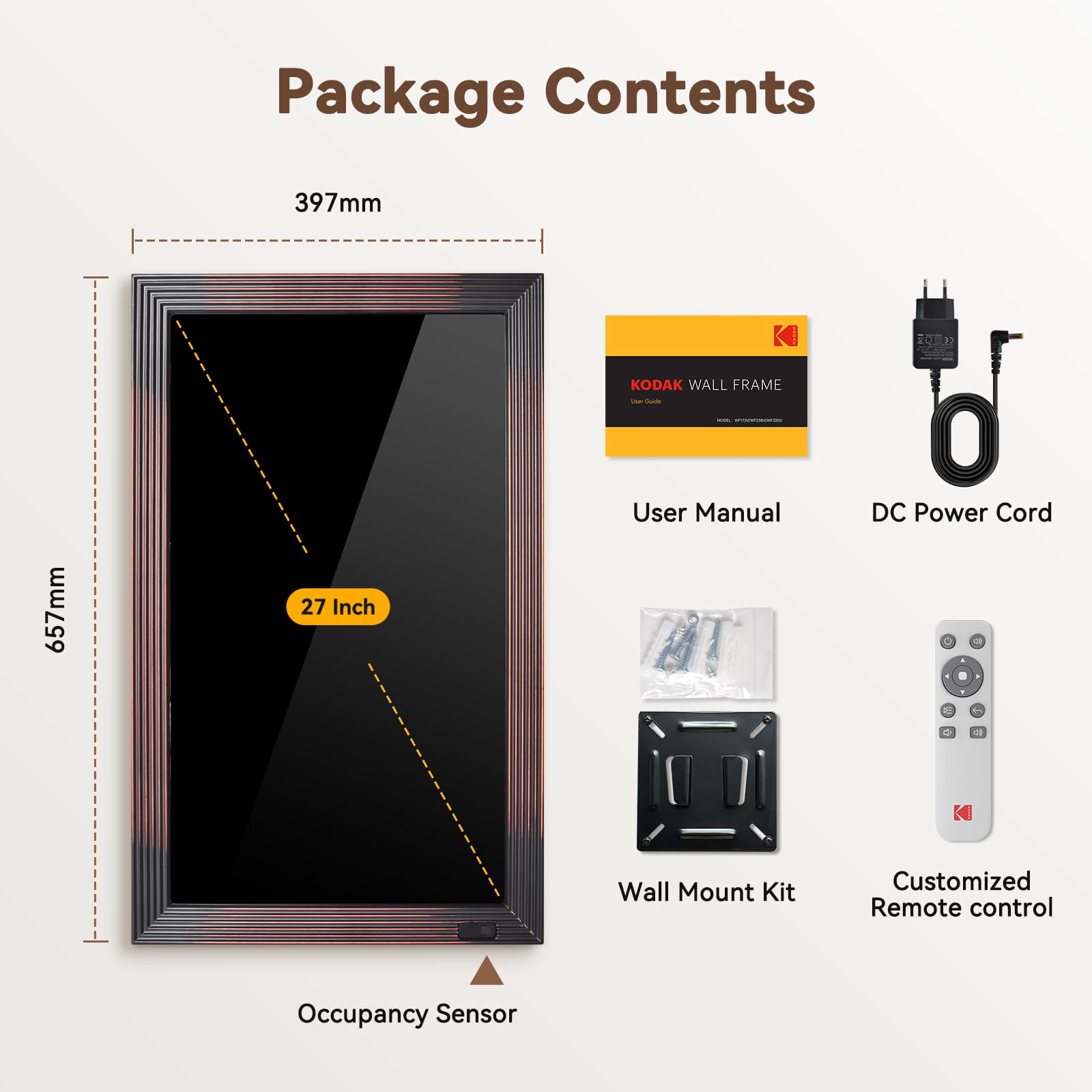 Kodak Marco de fotos digital WiFi de 27 pulgadas, HD IPS, marco electrónico con 32 GB de memoria, rotación automática de imágenes, compartir fotos o vídeos en cualquier lugar a través de la aplicación
