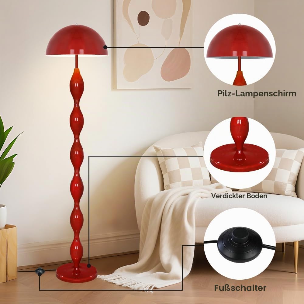 Einzigartige Stehleuchte für das Wohnzimmer, kreative funky rote LED-Pilzlampe 63"mit 3 variablen Farben, moderne Stehleuchtes für das Schlafzimmer,das Büro,die Ecke