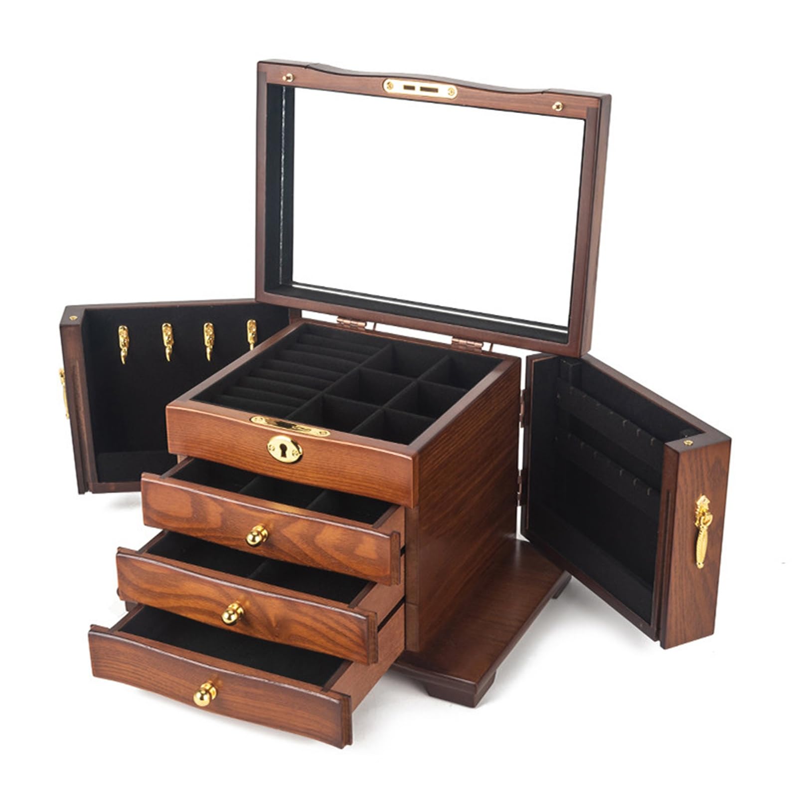 SDFSDE 4-Layer Wooden Jewelry Box With Mirror And Lock Luxury Jewelry Organizer And Storage Box For Watches Necklaces Rings Earrings Bracelets For Women(Black)