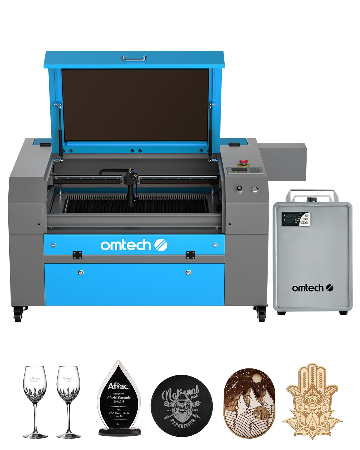 OMTech 90W CO2 Laser Engraver with Water Chiller, 20x28 Inch Laser Engraving Cutting Etching Machine with Air Assist 4 Way Pass Through Caster Wheel, Commercial Laser Cutter for Wood Glass Acrylic