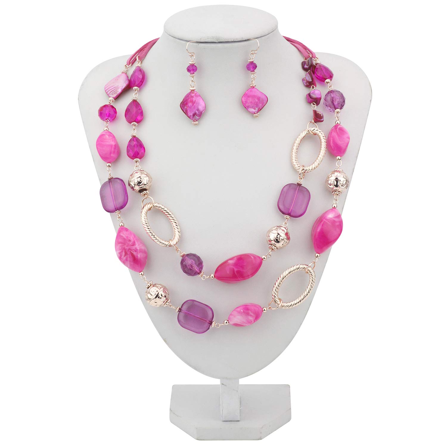 BOCAR 2 Strand Dichiarazione Choker Shell collana e orecchini set per le donne regalo (NK-10370-Fucsia viola)