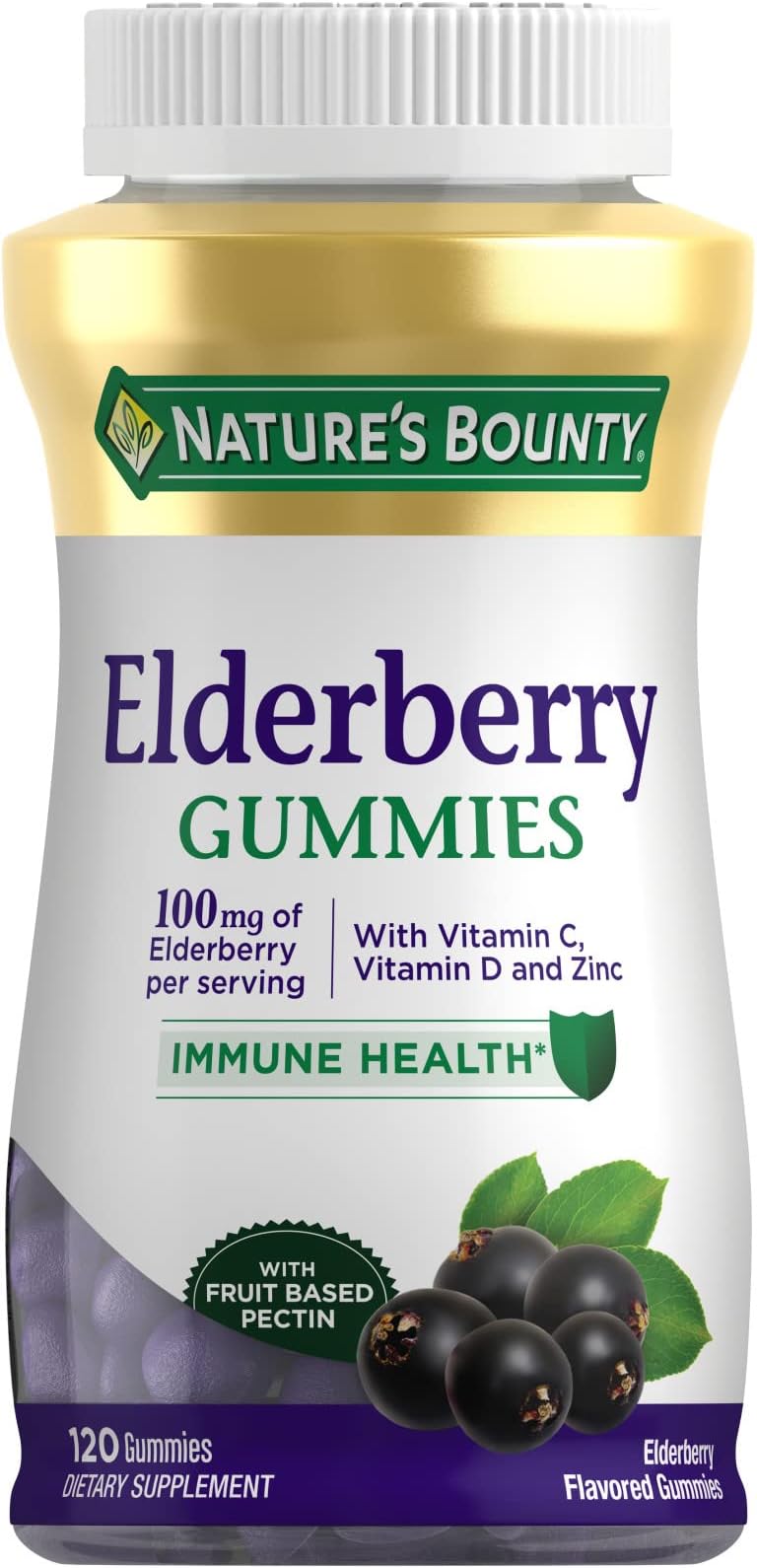 Elderberry Gummies, Dietary Supplement, Supports Immune Health, Contains Vitamin A, C, D, E and Zinc, 100 mg, 120 Gummies
