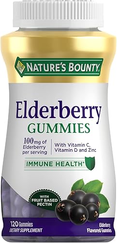 Nature's Bounty Gomitas de saúco, suplemento dietético, apoya la salud inmunológica, contiene vitamina A, C, D, E y zinc, 100 mg, 120 gomitas