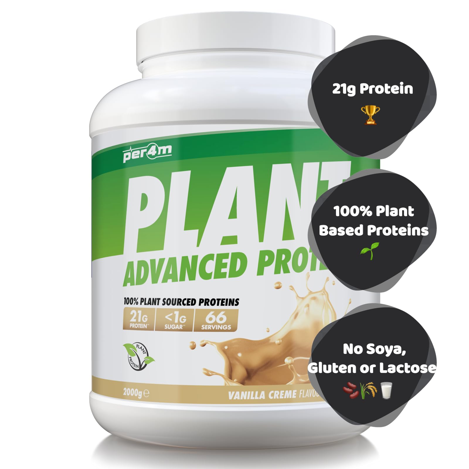 Per4m Plant Protein, Proteine 100% Vegetali da Pisello e Riso, Profilo Aminoacidico per i Muscoli, Formula Vegan Digeribile e Sostenibile, Per Vegani e Sportivi di Qualità – Vanilla Cream – 2kg