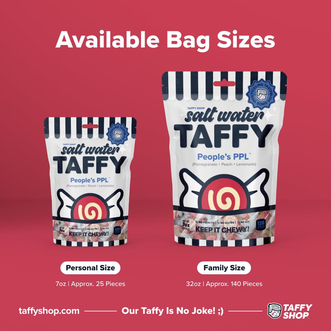 Taffy Shop People's PPL, Pomegranate Peach Lemonade Salt Water Taffy Gourmet Soft Chewy Candy, Bulk Sweet Snack, Fresh Gift & Gluten-Free, 140 Individually Wrapped Pieces (32oz)