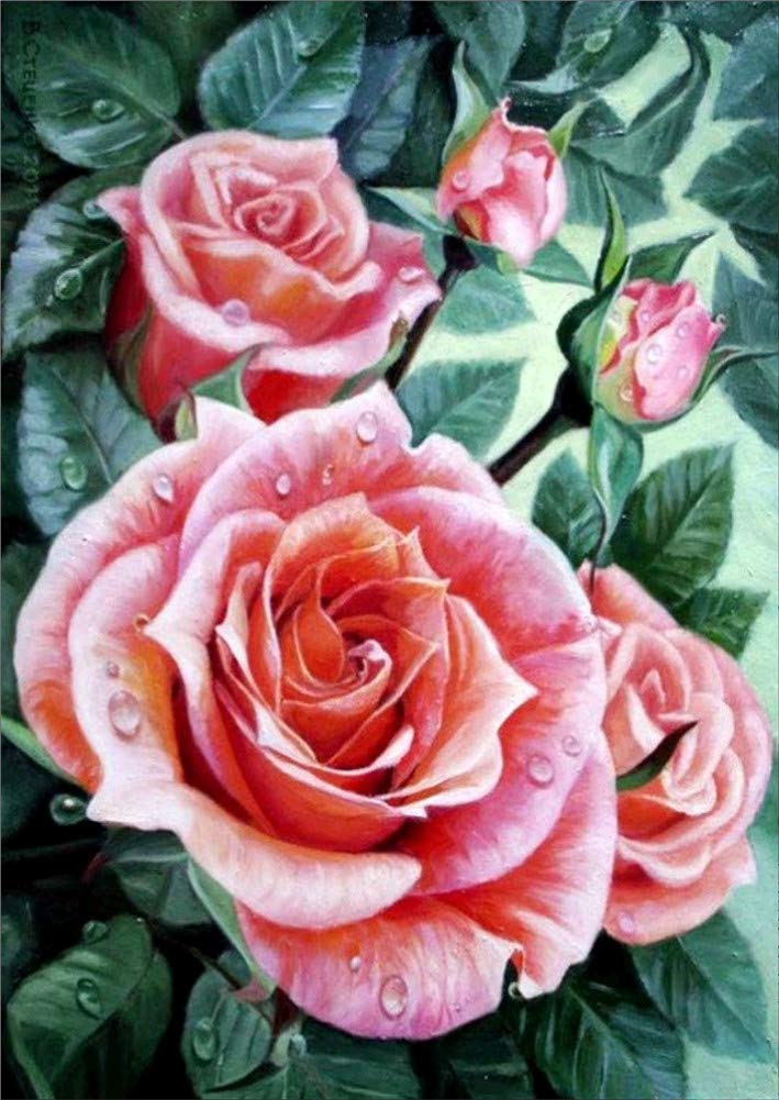 Awesocrafts Green,Pink New 5D Diamond Painting Kits For Adults Kids, Pink Rose Green Plant Full Drill Diy Diamond Art Crystal Rhinestone Paint By Diamonds Cross Stitch (Pink Rose)