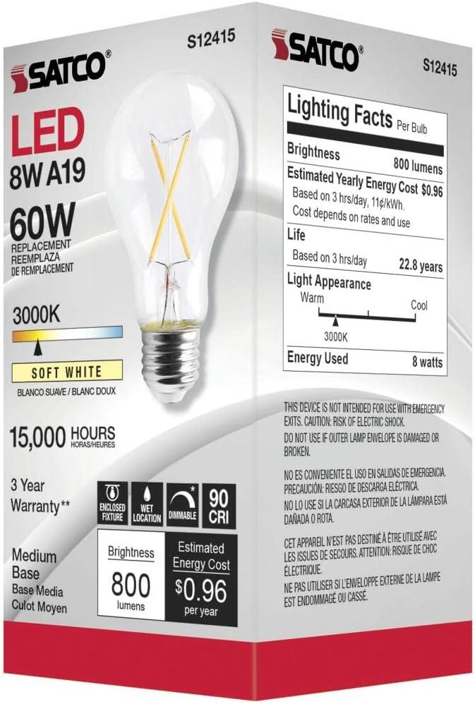 Satco S12415-8 Watt LED A19; Clear; Medium Base; 3000K (2 Pack)