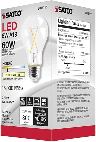 Miniatura 3 de Satco S12415-8 vatios LED A19; transparente; base media; 3000K (paquete de 2)