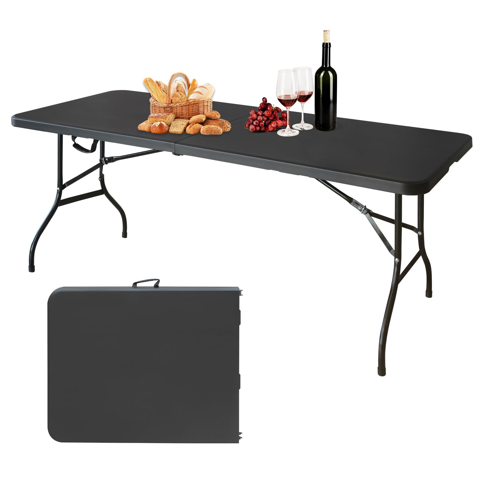 Klapptisch 180x74cm Kunststoff Klappbar Gartentisch Multifunktional Campingtisch mit Griff für BBQ, Camping, Party Schwarz