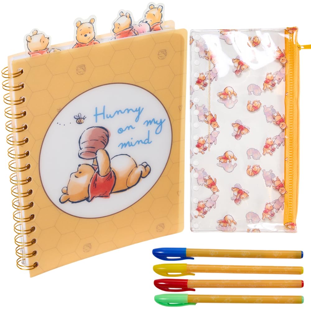 Winnie The Pooh Tab Journal Notebook with Gel Pens, Spiral Bound Notebook and Pencil Case Set, 96 Lined Pages, 8 x 7