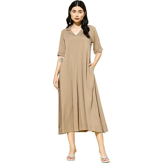 Beige A-Line Dress Calf Length