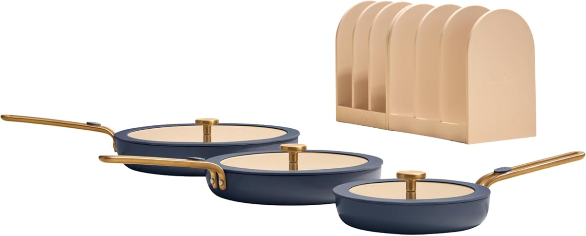 Essentials Complete Cookware Set, 8-Piece Ceramic Fry Pan Set | Ceramic pan trio & modular storage rack included, Thermakind nonstick, all-cooktop compatible, oven safe up to 450°F