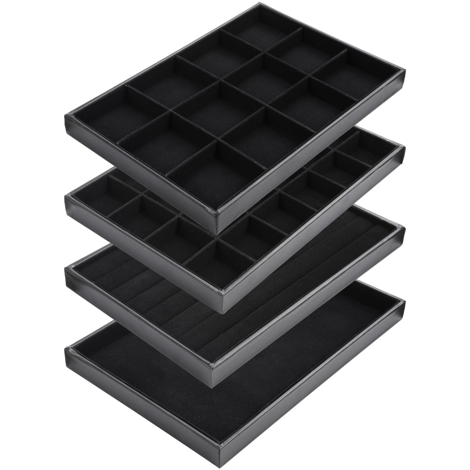 4 bandejas de joyería para organizador de collares y aretes, diseño apilable, bandejas de 12 y 24 compartimentos, 13.8 x 9.4 x 1.2 pulgadas