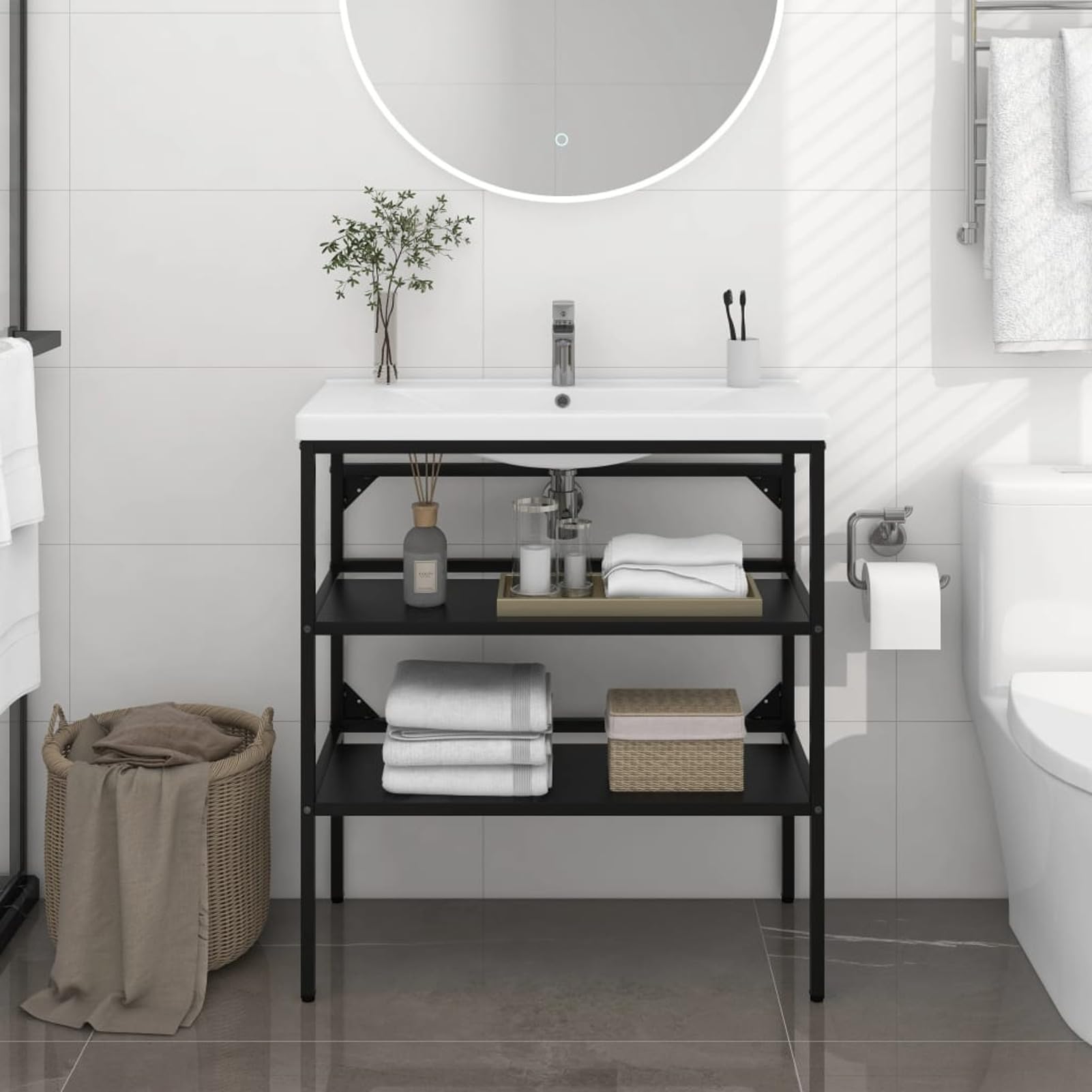 Telaio per lavabo da bagno nero 79 x 38 x 83 cm, in ferro, per lavabo da bagno, lavabo per lavaggio a mano, design moderno lucido, lavabo per bagno