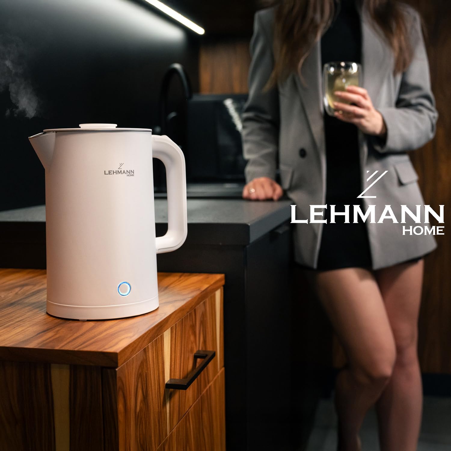LEHMANN Czajnik elektryczny ze stali nierdzewnej, 1,7 l, 2200 W, szybkie ogrzewanie, podwójna ścianka, obrotowa podstawa o 360°, automatyczne wyłączanie, bez BPA, do herbaty, kawy, jedzenia dla