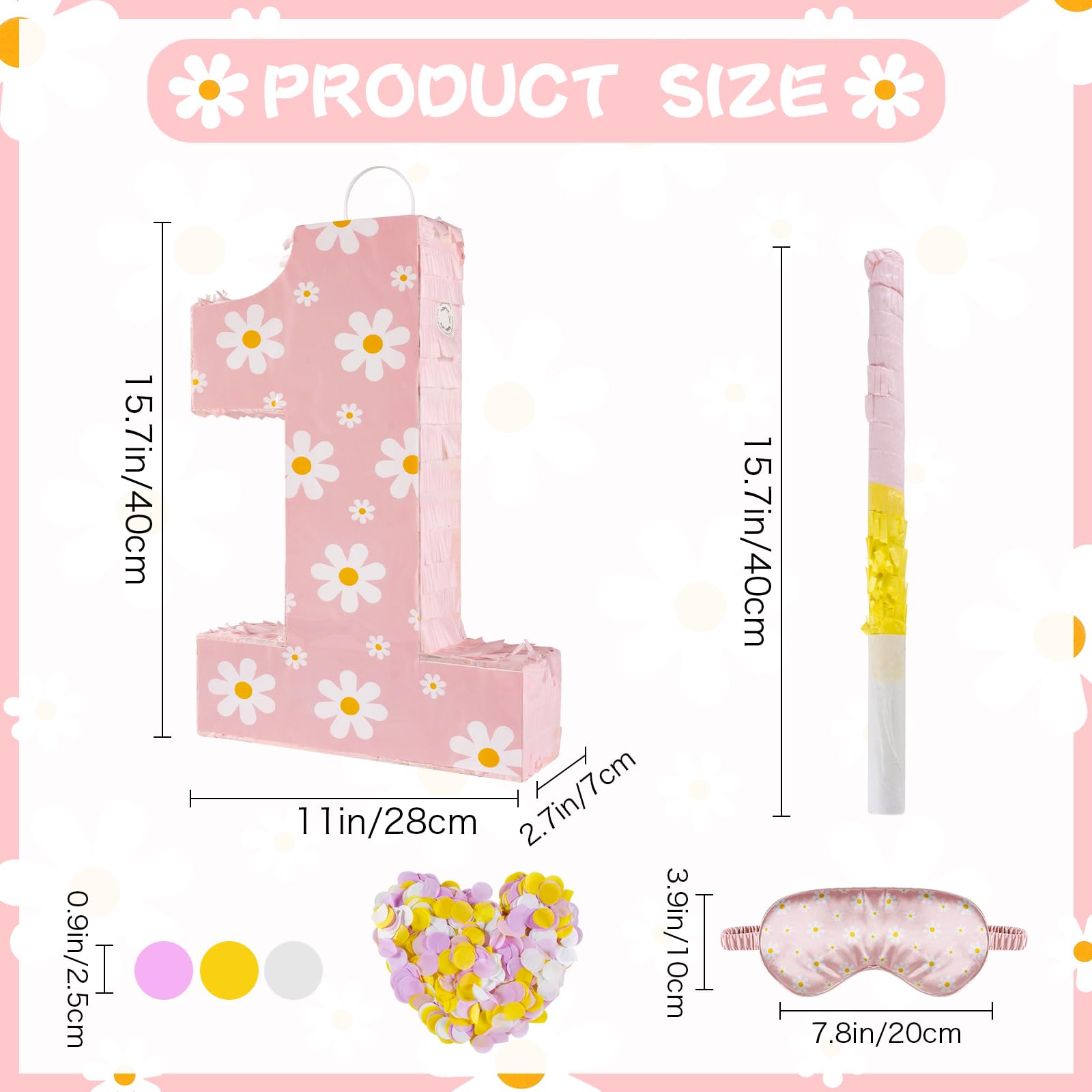 Décorations d'anniversaire en forme de marguerite – Piñata chiffre 1 avec bâton pour les yeux – Confetti pour les yeux – Fournitures de fête d'anniversaire bohème (marguerite 1)