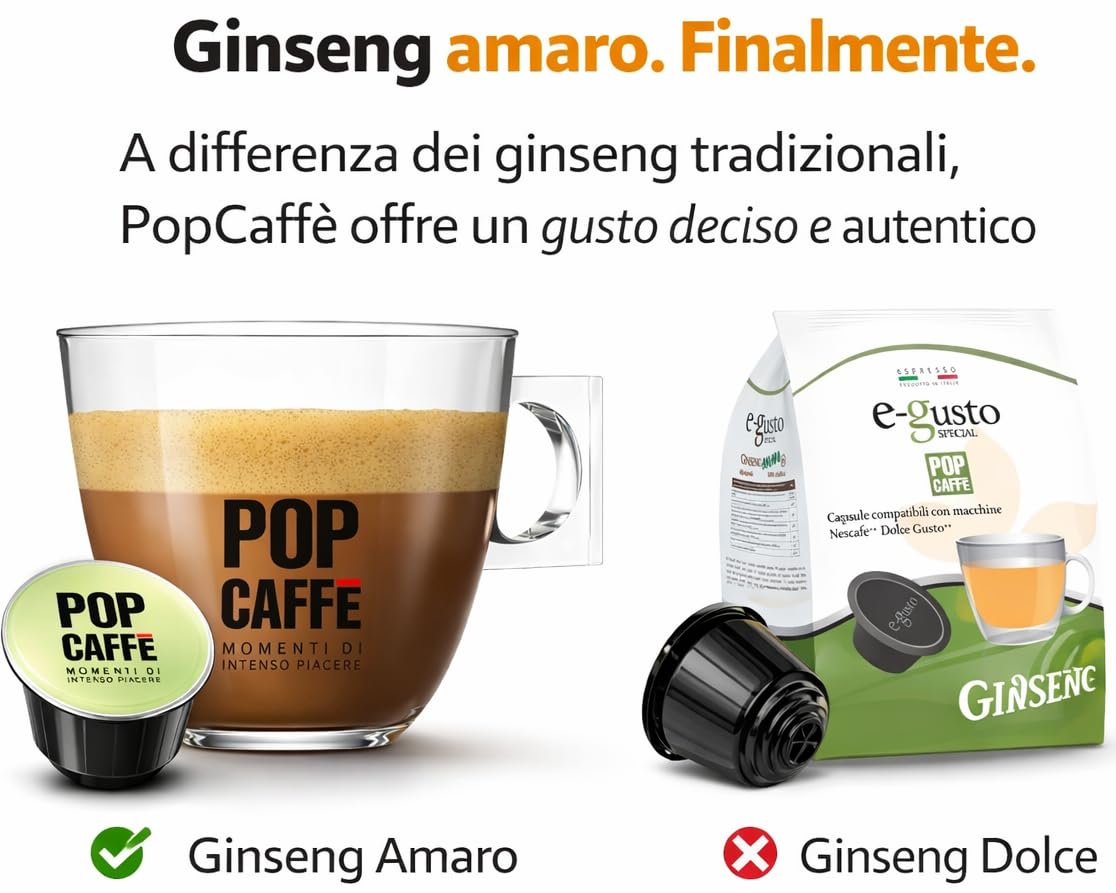 PopCaffè E-Gusto Ginseng Amaro – 96 Capsule Compatibili con NESCAFÉ Dolce Gusto – Caffè al Ginseng Intenso e Senza Zucchero – Confezionate in Atmosfera Protettiva