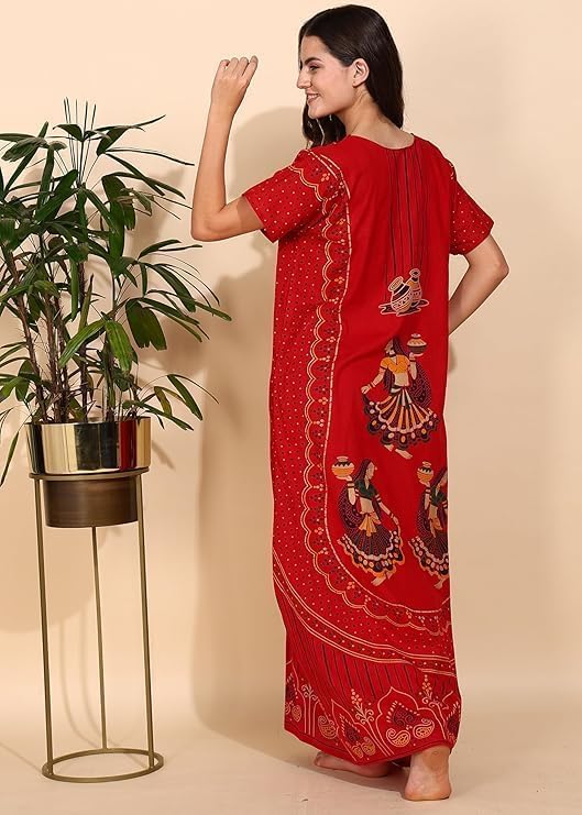 Image of PITINAN Pure Cotton Embroidered Nighty for Women | Maxi Night Gown | Jaipuri Cotton Nightdress with Pocket & Adjustable Knot | Comfortable Sleepwear