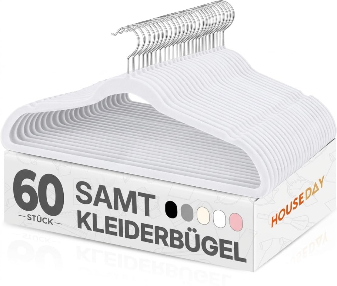 HOUSE DAY Kleiderbügel Samt 60 Stück, Kleiderbügel Platzsparend, Weiß | Rutschfeste, Schmale Bügel mit 360° drehbarem Haken, Premium Anzugbügel für mehr Ordnung und Platz im Kleiderschrank