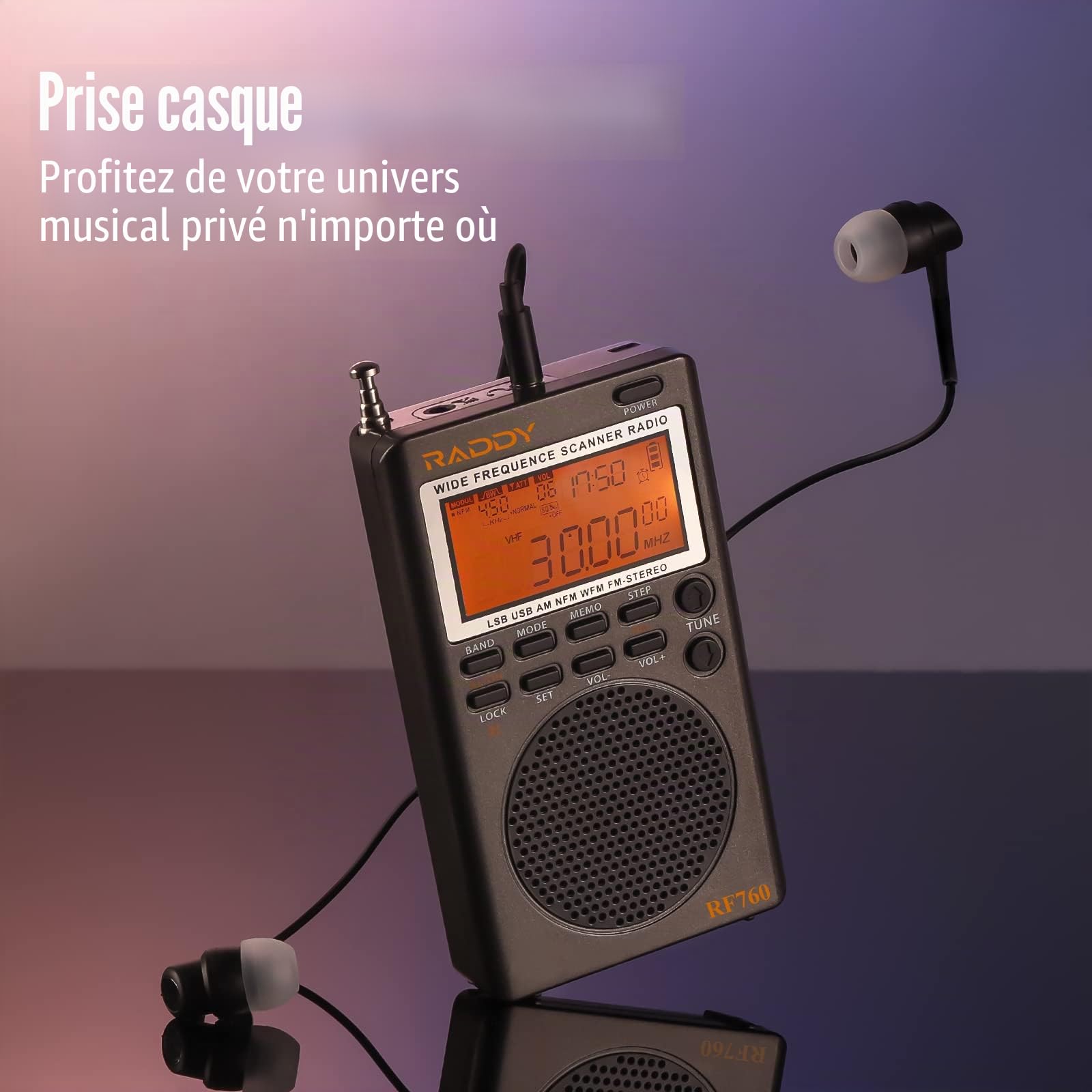Raddy RF760 Radio numérique Large Bande à Ondes Courtes FM/AM/SW/CB/VHF(UHF)/WX/air Rechargeable avec Prise Casque, antenne Filaire de 3 m