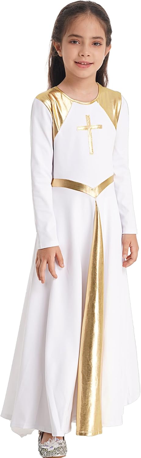Kids Girls Lyrical Praise Dance Dress Metallic Cross Liturgical Maxi Gown Long Sleeve Worship Church Robe