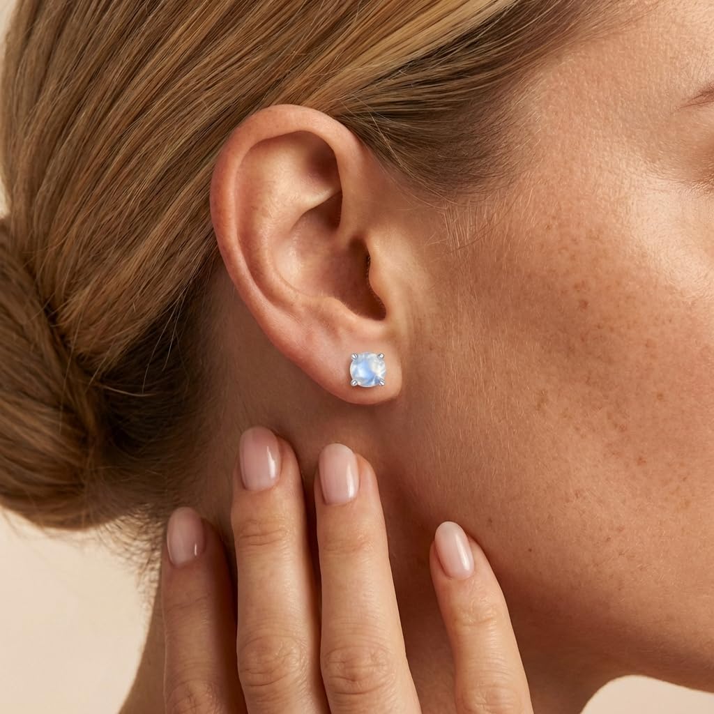 Moonstone Stud Earrings 925 Sterling Silver Rainbow Moonstone Earrings 4mm/5mm/6mm Natural Round Gemstone Jewelry Gifts for Women