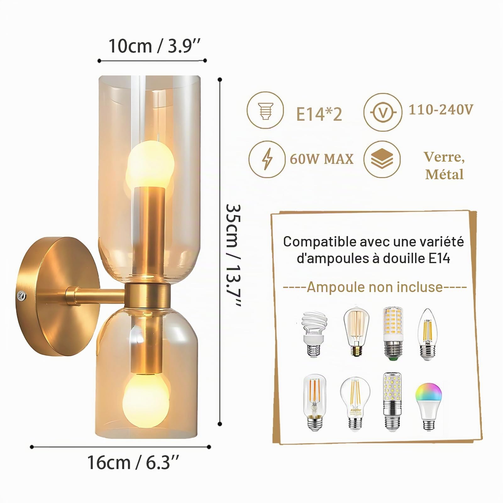 EKSED Applique Murale Moderne avec Verre Soufflé Asymétrique – Lampe Murale Double Éclairage avec Douille E14 pour Chambre Couloir Salle de Bain (doré)