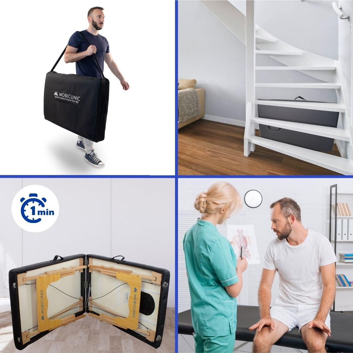 Mobiclinic®, Camilla de Masaje Plegable, CM-01 Basic, Mesa, Profesional, Portátil, Madera, 2 Cuerpos, Marca Española, Regulable, 180x60 cm, Negra
