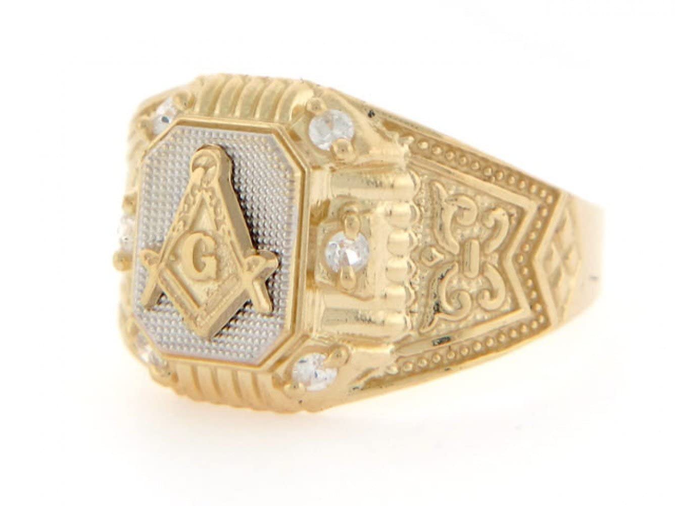 10k Two Tone Gold Masonic CZ Fancy Mens Ring Jewelry