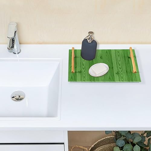 Miniatura 7 de Bandeja decorativa de barra con textura de madera verde a rayas con asas, bandeja de cama de desayuno para joyería, perfume para sofá, bandejas para