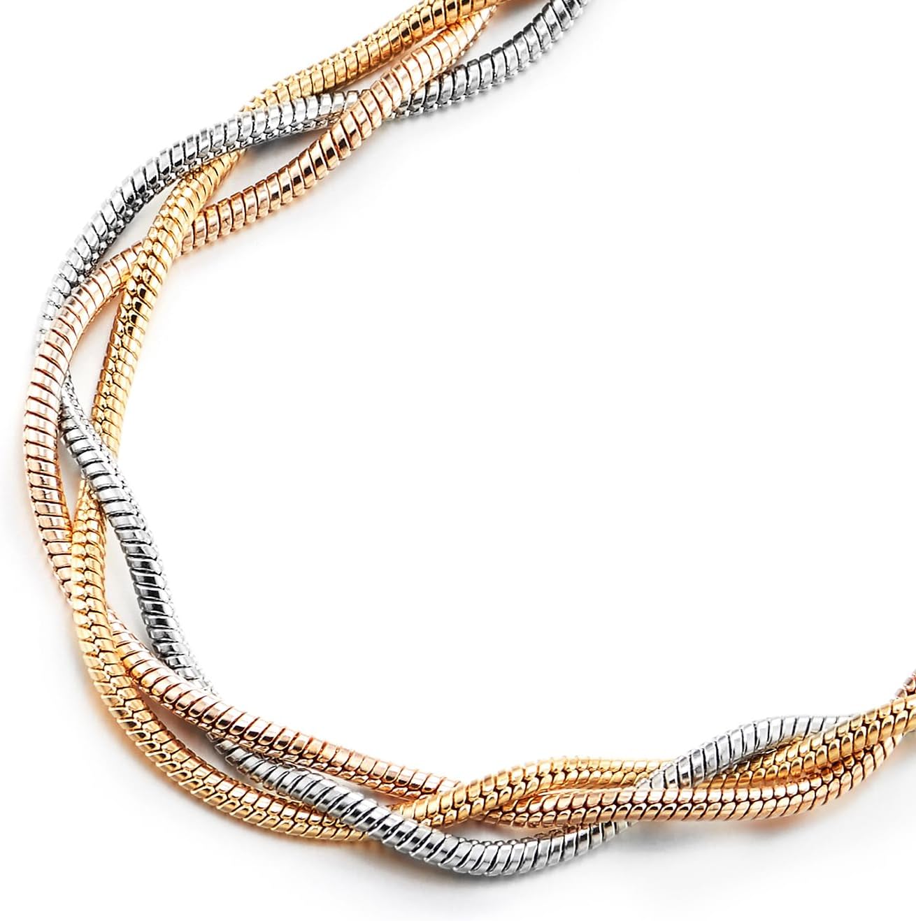 COOLSTEELANDBEYOND Tri-Tone Twisted Rope Chain Necklace for Women, Silver Gold and Rose Gold Braided Serpent Chain, Minimal Statement Jewelry