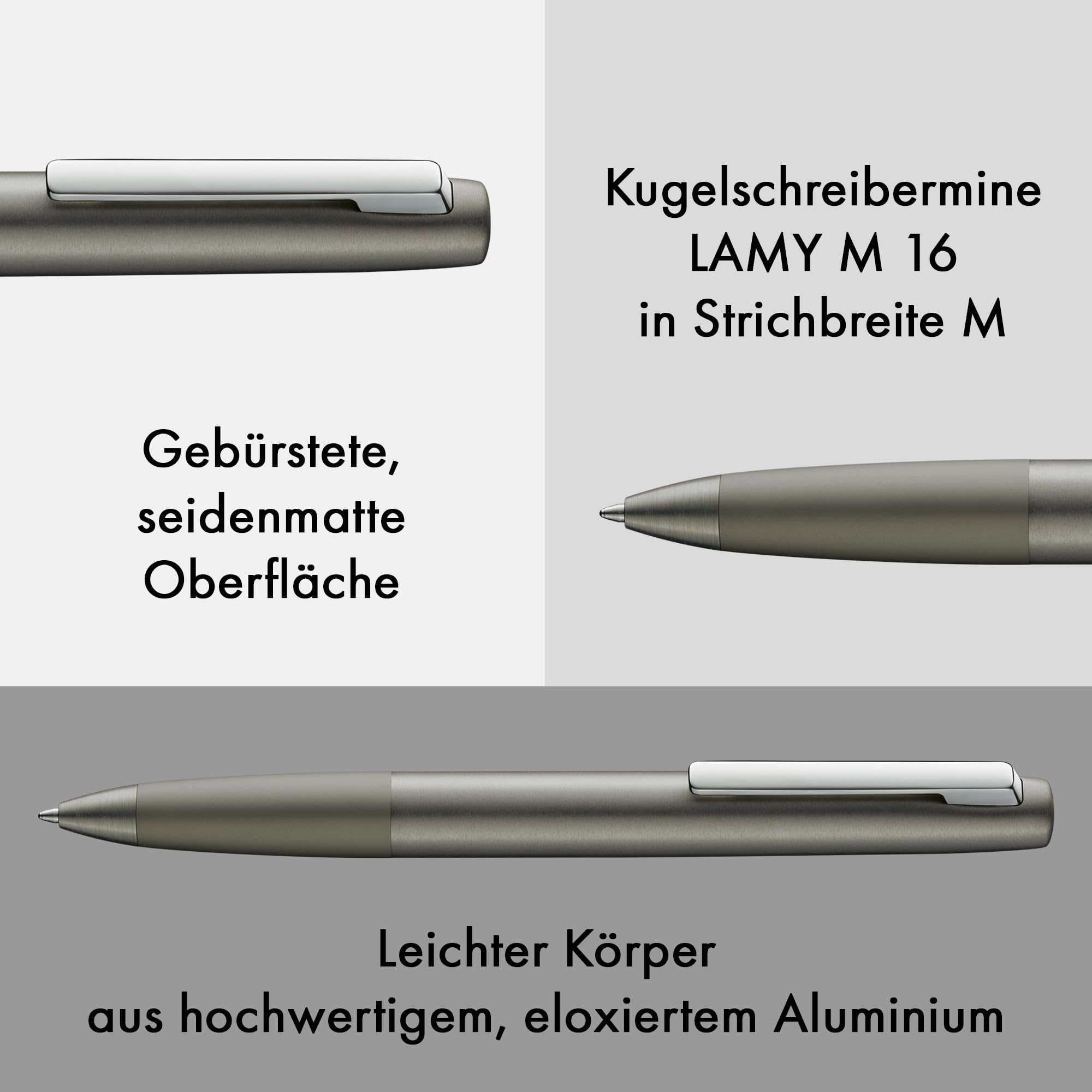 Lamy aion graphite Kugelschreiber – moderner Drehkugelschreiber im eloxierten, leichten & nahtlosen Aluminium-Gehäuse – mit Edelstahl-Clip – Strichbreite M – inkl. Großraummine M 16 schwarz