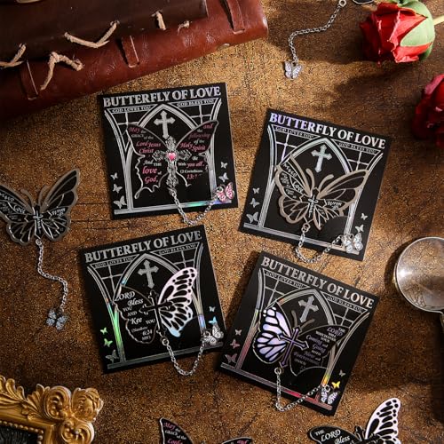 4 PCS Metal Bible Butterfly Bookmarks with Chain, Christian Scripture Inspirational Book Marks for Book Lovers Writers Readers Children Teens for Women Religious Motivational Gift Book Marker Prayer