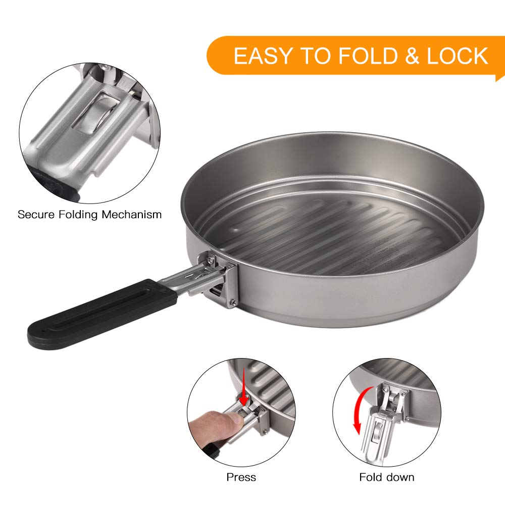 Lixada 1100ml Titanium Fry Pan Ultralight Grill Padella Antiaderente da Campeggio Pentole da Campeggio Backpacking Padella in Titanio con Maniglia Pieghevole, Outdoor Cooking Grill Padella