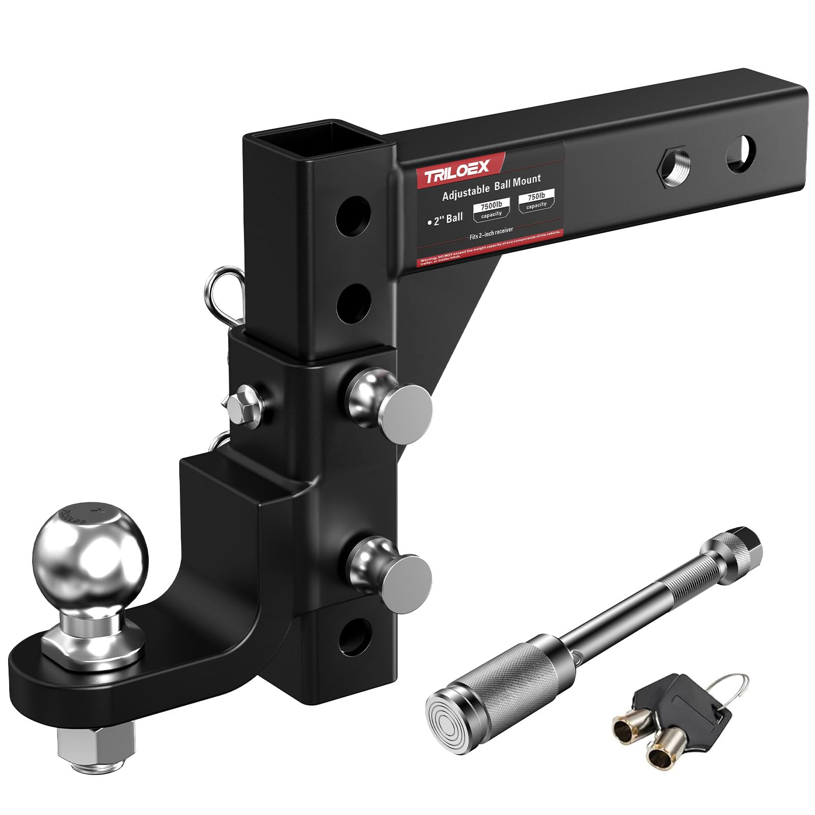Adjustable Trailer Hitch Ball Mount, Fits 2" Receiver, 2" Tow Ball, 9-1/2" Drop&8-1/4" Rise, 7500lbs Heavy Duty Hitch with Screw-in Locking Pin