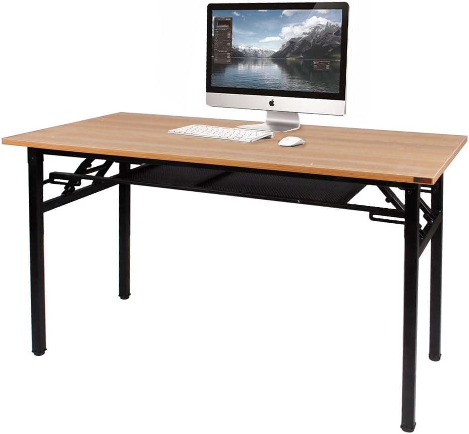 DlandHome 120 * 60cm Folding Table, No Install Needed, with a Mesh Partition for Stockage, Teak &Black Legs, 1 Pack