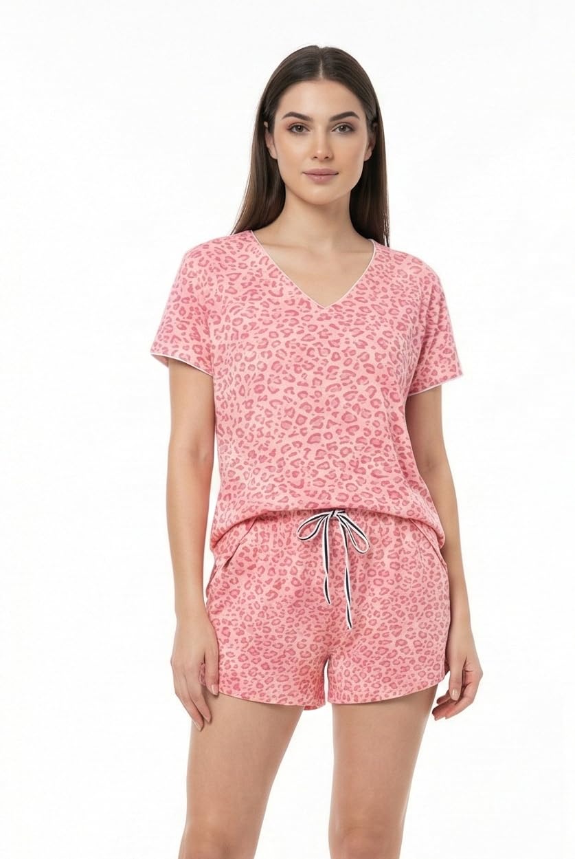 Women's Printed Cotton Blend Jersey Nightwear Set with Ruffle Details, Sleeveless Top and Shorts, 2 Piece-picture-43