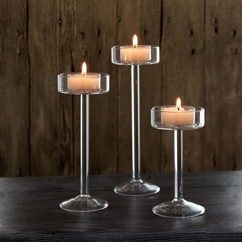 Resawwi3Pcs/set Long-Stem Glass Candleholder Clear Candlesticke Holder Set Tall Glass Candleholder Transparent for Dining Party Home Decor Parties Table Settings Gifts Special Events Holidays