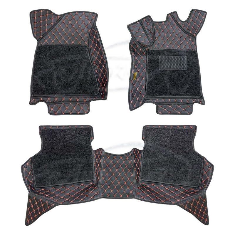 Image of 7D Luxury Car Floor Mat for Skoda Superb (2017 to 2022) | 7-Layer Leather, Curly Base, Heel Pad, Anti-Skid & Waterproof (Black Red)