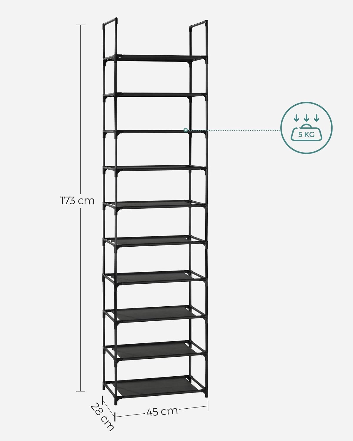 SONGMICS 10-Tier Shoe Rack, Shoe Stand, Space-Saving Shoe Storage, 45 x 28 x 173 cm, Metal Frame, Non-Woven Fabric Shelves - Image 5