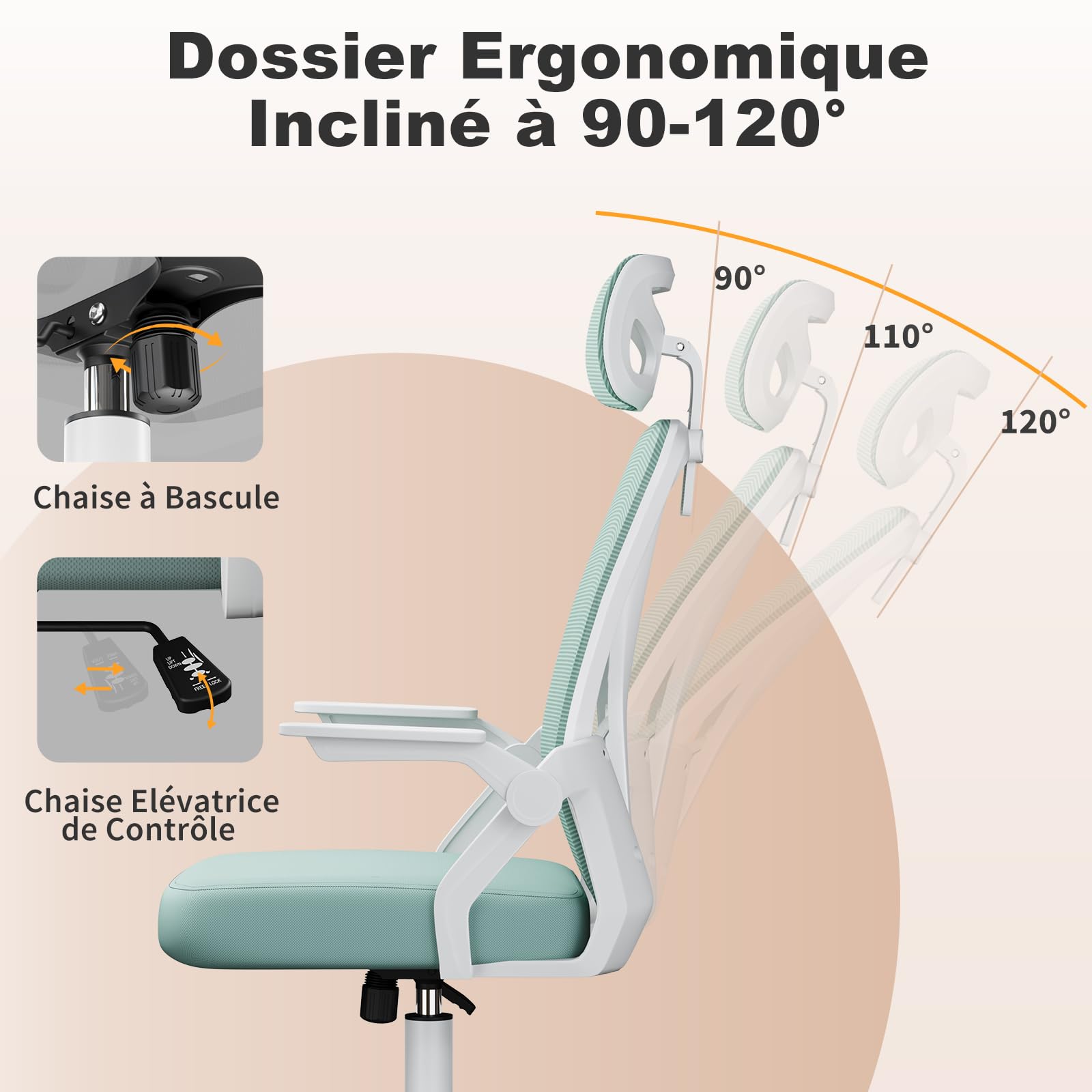 naspaluro Chaise de Bureau Ergonomique avec Accoudoirs Rabattables à 90° (avec Appui-tête, Blanc- Vert)