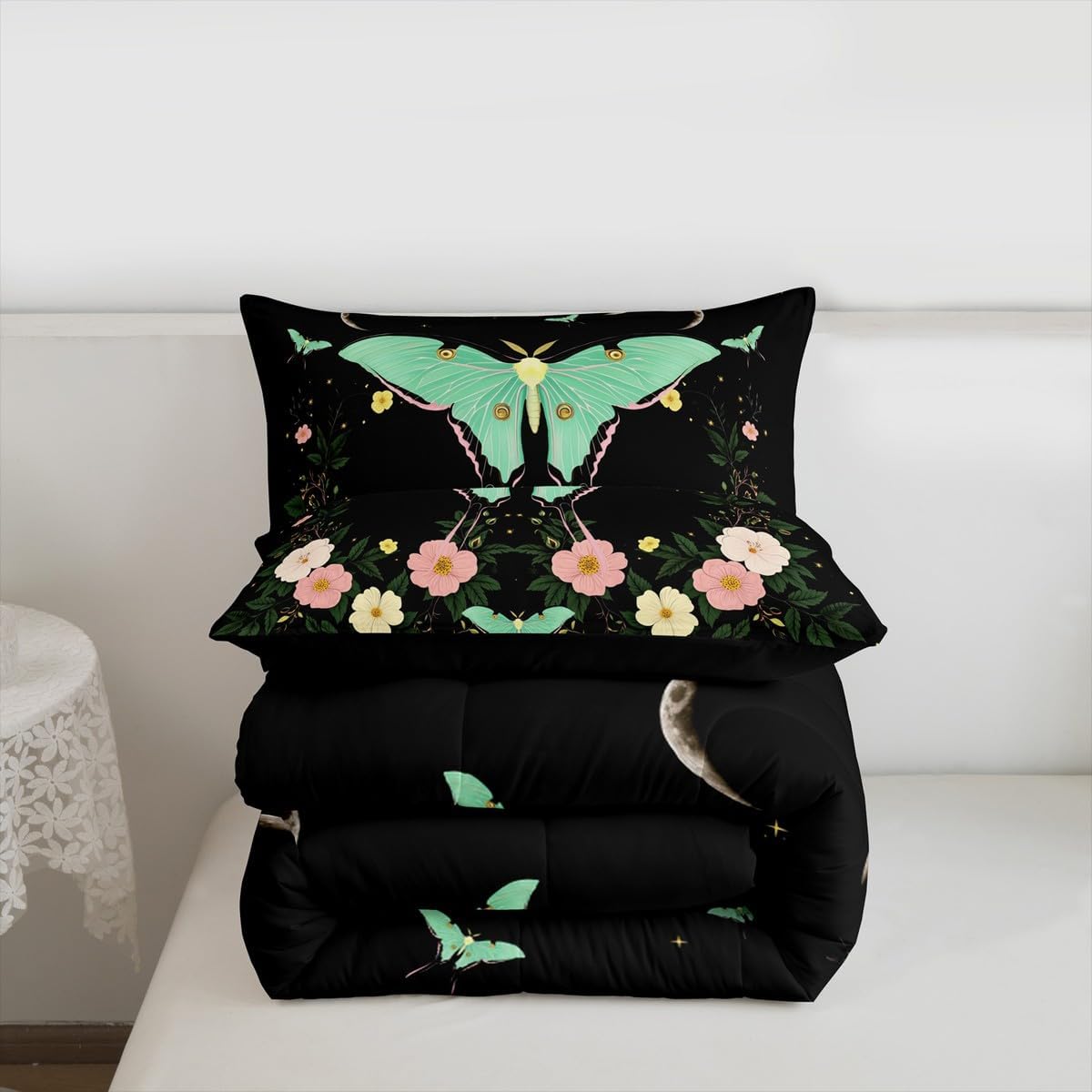 Homewish Moth Comforter Set Queen,Moon Planet Starry Sky Galaxy Bedding Set 3pcs for Kids Teens Boys Girls Room Decor, Gothic Butterfly Quilt Set Floral Duvet Insert with 2 Pillowcases