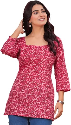 STROFAB Pure Cotton Short Kurta | Square Neck 3/4 Sleeve Top for Women Floral Printed Cotton Short Kurti | Ethnic Kurti To...