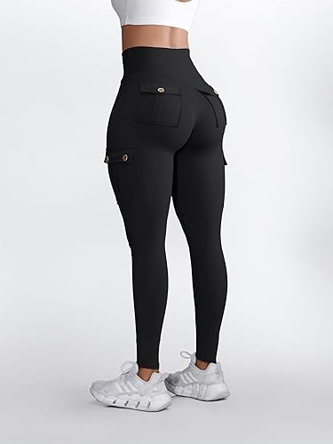 Miniatura 4 de Leggings con levantamiento de glúteos con bolsillos de solapa, leggings cargo de entrenamiento para mujer, cintura alta, control de abdomen