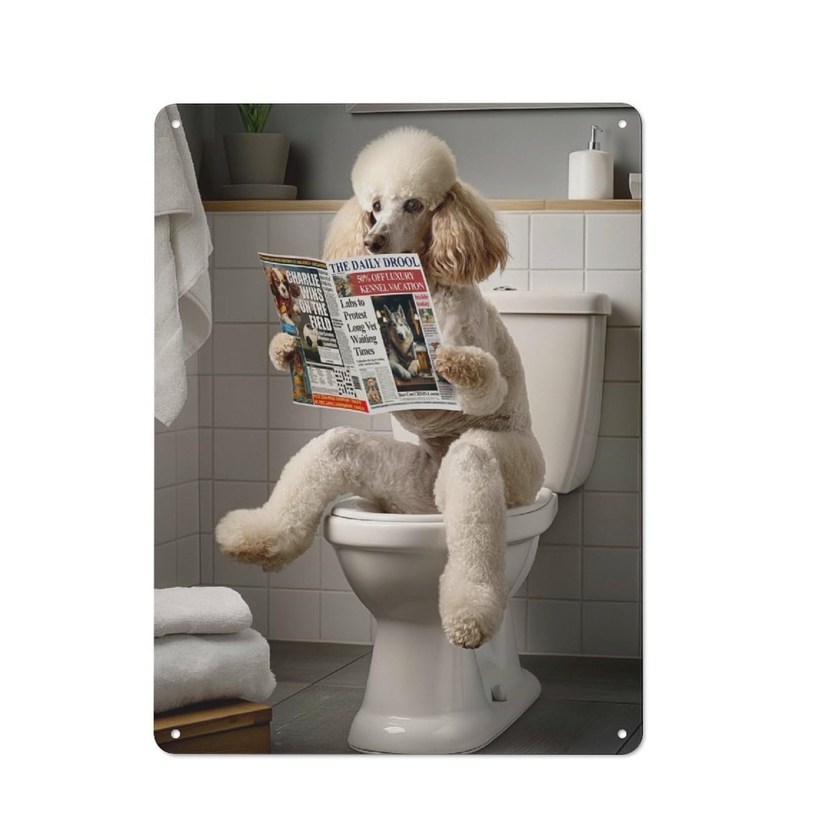 Junmoney Poodle On The Toilet Metal Sign 40X30cm With For Workshop Wall, Vintage Decor, A Decorative Christmas Gift For Metal Sign Collectors