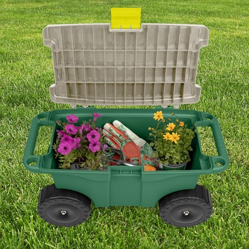 Image of Rolling Garden Cart with Seat - Plastic Storage with Bench and Interior Tool Tray - Gardening Stool for Weeding and Planting By Pure Garden (Green)