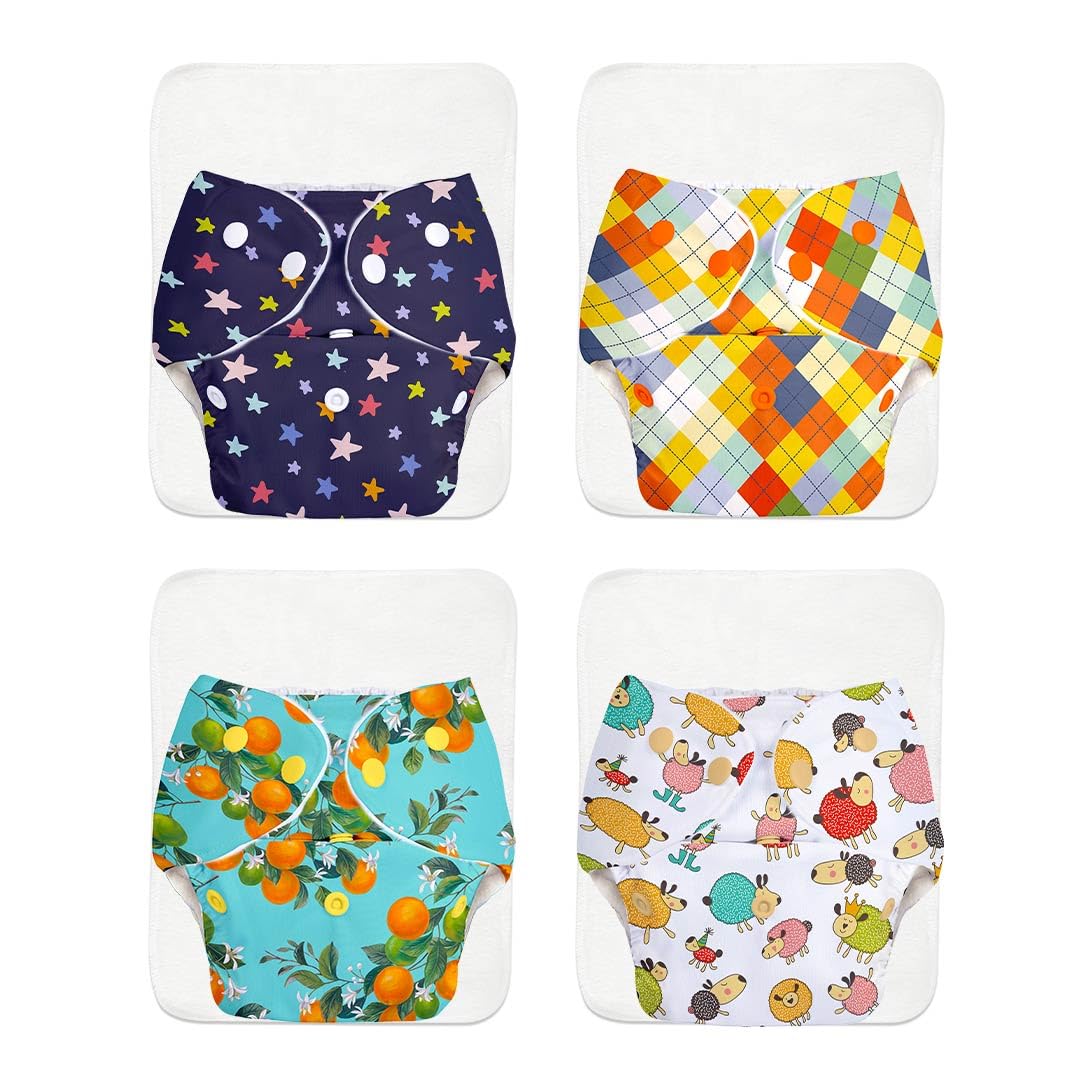 SuperBottoms BASIC Assorted Pack of 4 Certified Soft Fleece Lined Freesize Adjustable, Reusable| Cloth Diaper for babies 0-3 Years | Cloth Diaper for babies with Wet-Free Inserts with Snaps-image-8
