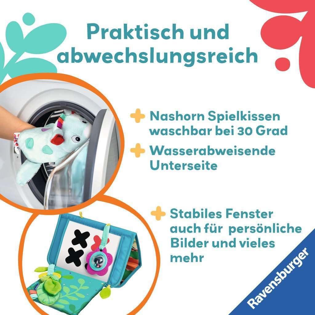 Ravensburger Coussin 4866 Play+ Rhino Play (pour la Position couchée), Ensemble de 4 pièces, Jouet Tummy Time, Animal en Peluche Qui entraîne la Position couchée, pour bébés à partir de 0 Mois