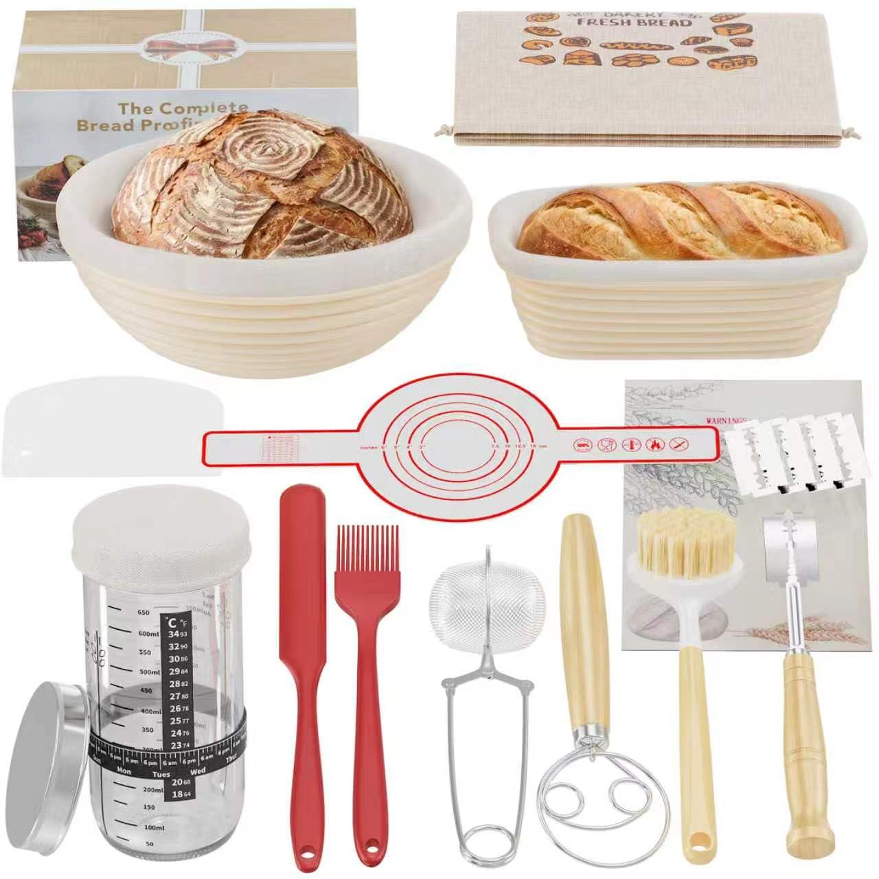 Sourdough Starter Kit,Complete Sour Dough Starter Kit With Handcrafted Round&Oval rattan bannetons,Starter Jar,Dough Scraper,Bread Lame&Bread Making Accessories (12pcs Bread Starter Kit)